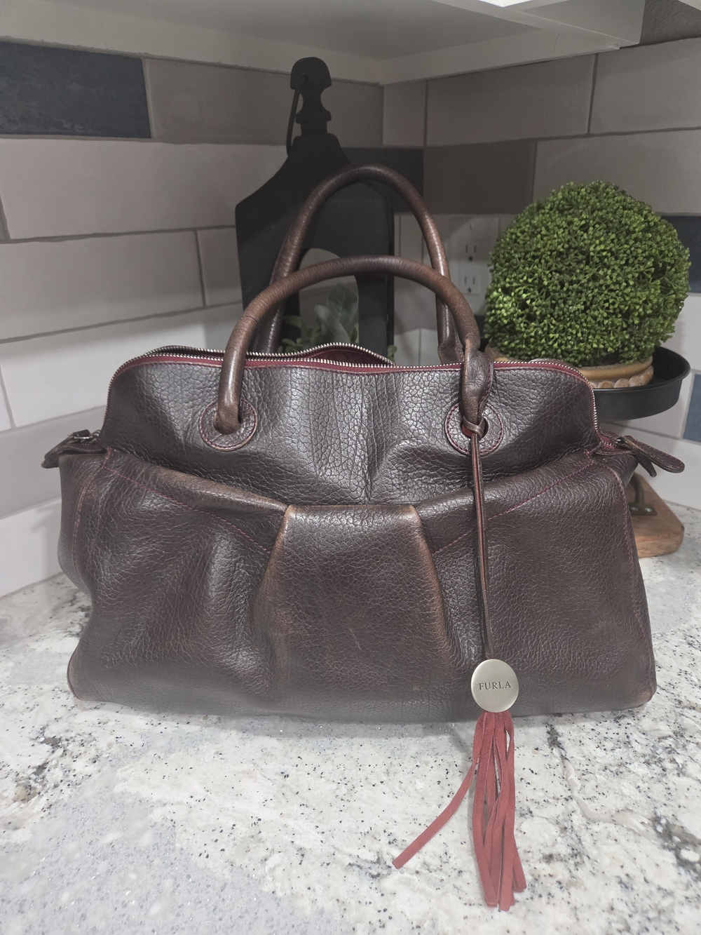Furla Brown Leather Satchel with Red Tassel Accent Vintage Furla